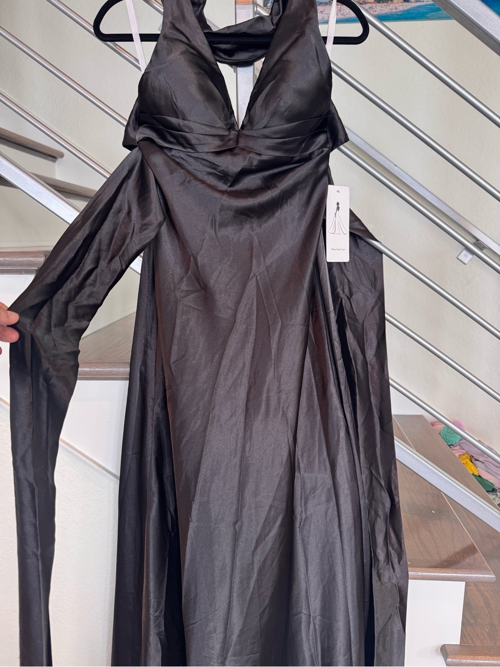 Black Satin Off-Shoulder Evening Dress with Halter Detail